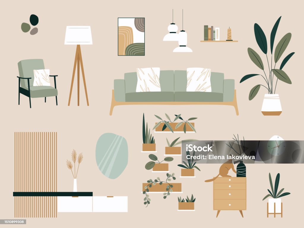 Living Room Interior Elements Vector Set Wooden Furniture Plants Sofa ...