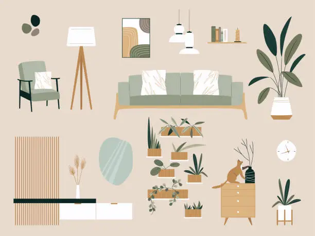 Vector illustration of Living Room Interior Elements Vector Set. Wooden furniture, plants, sofa, couch, bookcase, paintings, armchair, lamps, shelf, window. Modern minimalistic trendy collection for home apartment design