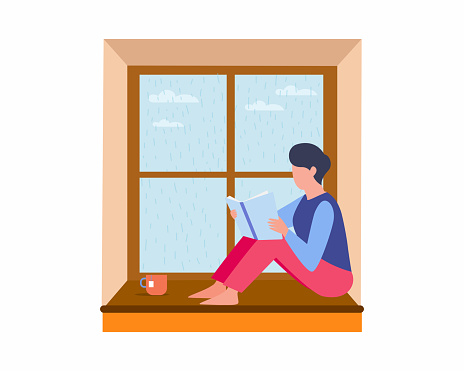 A girl sitting in windowsill and reading a book Young woman relaxing at home with book vector illustration
