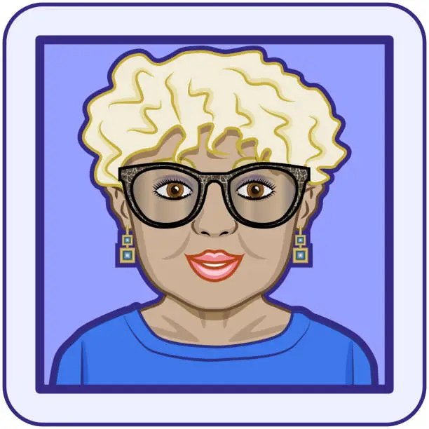 Vector illustration of Avatar profile pic of mature woman with medium-dark skin tone, white-blond short curly hair, glasses and earrings.