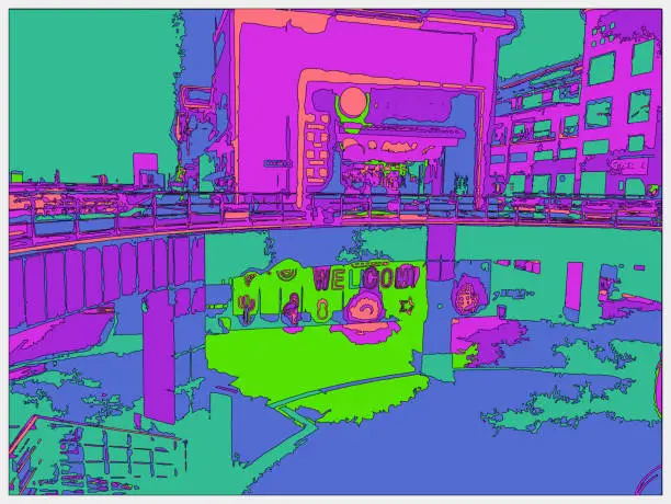 Vector illustration of line drawing neon metaverse cartoon playground painting scene