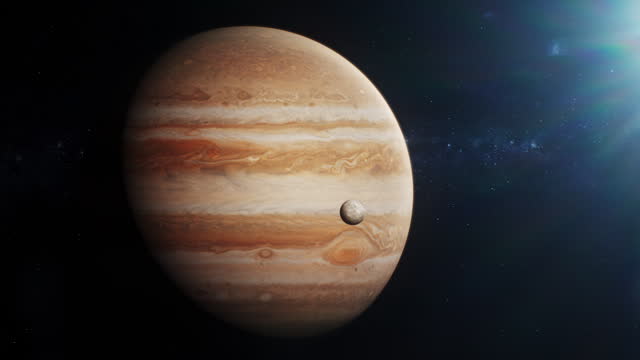 Cinematic 3D graphics of Jupiter and its moon