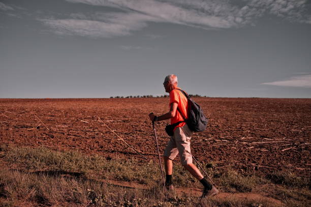 Rear view of senior man hiking in nature