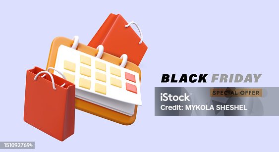 istock Black Friday, special offer. Vivid poster with isometric calendar, paper bags 1510927694