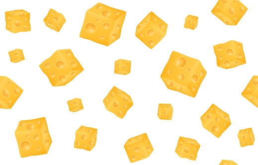 Mozzarella cheese pattern, yellow gouda cubes in motion. Pieces of parmesan or cheddar flying, restaurant food menu backdrop. Snack wrapping. Realistic 3d elements. Vector seamless neoteric background