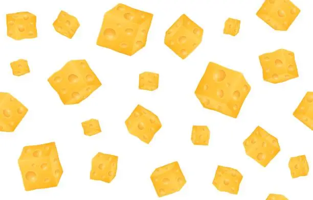Vector illustration of Mozzarella cheese pattern, yellow gouda cubes in motion. Pieces of parmesan or cheddar flying, restaurant food menu backdrop. Realistic 3d elements. Vector seamless neoteric background