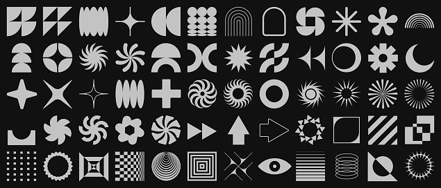 Brutalist Shapes, Cool Geometric Forms. Bauhaus Minimalist Graphic Design Elements. Trendy Y2K Vector Signs. Simple Star and Flower Basic Shapes.
