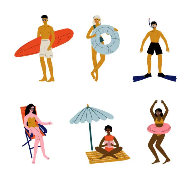 Vector illustration of Man and Woman Character Having Summer Vacation on Sea Shore Wearing Swimsuit and Sunbathing Vector Set