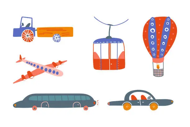 Vector illustration of Road Vehicle and City Transport with Van, Plane, Car, Hot Air Balloon, Limousine and Funicular Vector Set