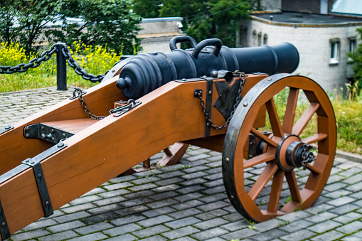 Russia, Vyborg - June 27, 2023: Ancient cannon howitzer of the times of the 19th century