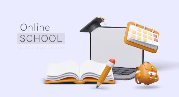 istock Online school. Cute 3D illustration. Notebook, calendar, backpack, book, pencil, graduate hat 1510938703