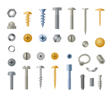 Realistic screw, gold and steel bolt, nut and nail head. Hardware tools collection, stainless or silver signs for construction. 3d isolated instruments and supplies. Vector illustration utter icons