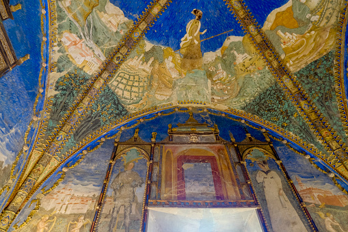 blue fresco painted ceiling, interior of the Castle Torrechiara in Langhirano, Italy