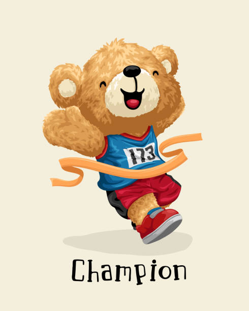 ilustrações de stock, clip art, desenhos animados e ícones de vector illustration of hand drawn teddy bear winning a race - finish line running aspirations cartoon
