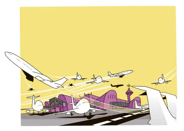 Vector illustration of busy airport with planes taking off and landing