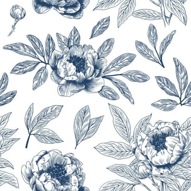 Vector illustration of Abstract modern floral seamless pattern with hand drawn flower in Toile de jouy style. Retro elegance repeat print. Vintage design for fabric, wallpaper or wrapping