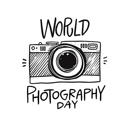 World photography day lettering text and photo camera. Black color vector art flat illustration. Isolated on white background.
