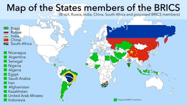 illustrations, cliparts, dessins animés et icônes de carte des états membres des brics brésil, russie, inde, chine, afrique du sud et futurs pays membres - brics