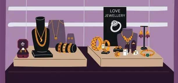 Vector illustration of Jewelry store showcase. Luxury shop. Precious metals and stones. Engagement rings. Gold earrings or bracelets. Jewel pendants with diamonds. Golden wristwatch. Garish vector concept
