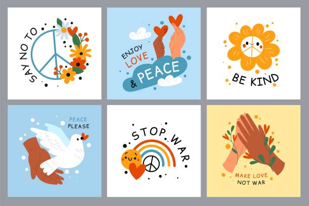 Peace symbols cards. Different skin colors hands. Love and freedom. Hippie floral signs. Pacificus in flowers. Rainbow and smiley. White dove. Stop war. Garish vector square banners set vector art illustration