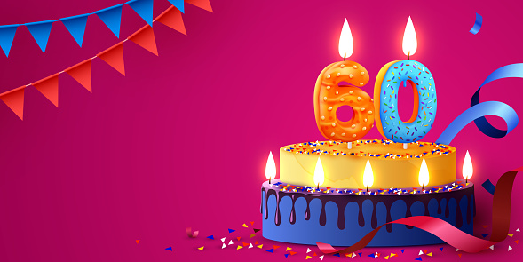 60 years anniversary. Cake with burning candles and confetti. Birthday banner. Vector illustration