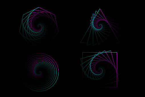 Set of twisted colored spirals. Sacred geometry. Tunnel with lines in the form of a triangle, square, circle and heptagon. Vector geometric fractal element in vivid color gradient on black background