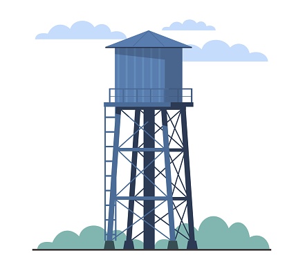 Water tower against background of green bushes and clouds. Countryside agricultural landscape. Industrial construction with tank reservoir cartoon flat style isolated illustration. Vector concept