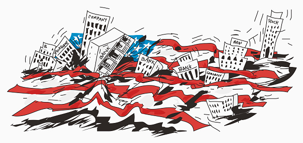 Vector Storms Over the American Flag, Banks, Stock Exchanges and Corporate Buildings Collapse