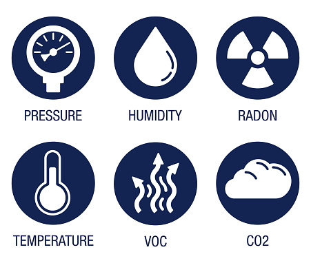 Home Air Quality indicators flat circle icons set. CO2, VOC, radon, temperature, pressure and humidity
