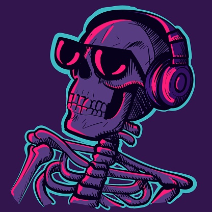 istock Illustration of a neon skull wearing sunglasses and headphones. Vector of a dark skeleton under UV lights listening to music 1511061262
