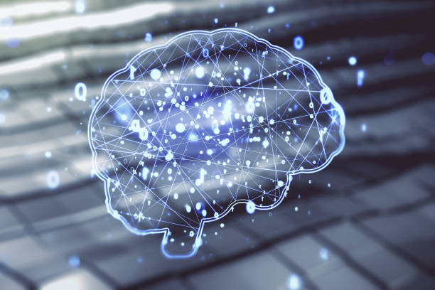 istock Virtual creative artificial Intelligence hologram with human brain sketch on abstract metal background. Double exposure 1511067467