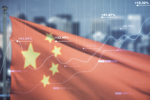 Double exposure of abstract creative statistics data hologram on Chinese flag and city background, analytics and forecasting concept