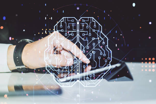 Creative artificial Intelligence concept with human brain sketch and finger presses on a digital tablet on background. Double exposure
