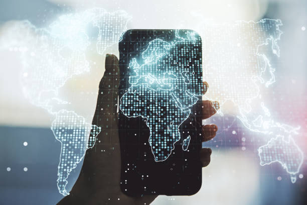 istock Multi exposure of abstract creative digital world map and hand with phone on background, tourism and traveling concept 1511069062