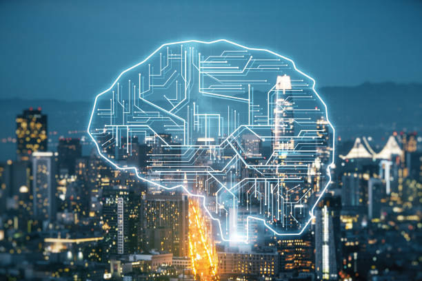 istock Double exposure of creative artificial Intelligence interface on San Francisco city skyscrapers background. Neural networks and machine learning concept 1511070175