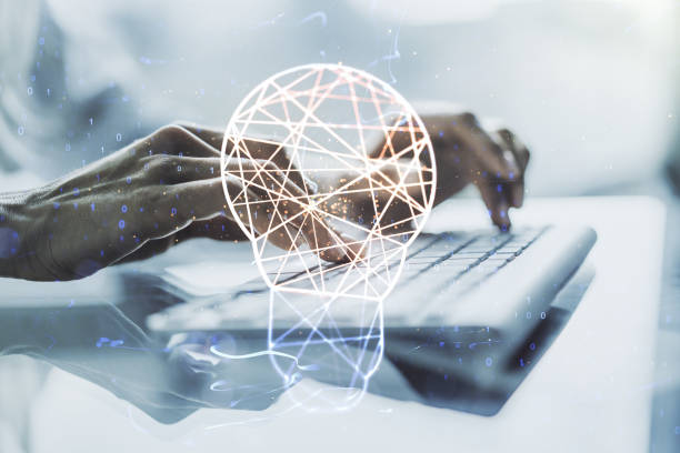 istock Double exposure of creative light bulb hologram with hands typing on laptop on background, research and development concept 1511070718