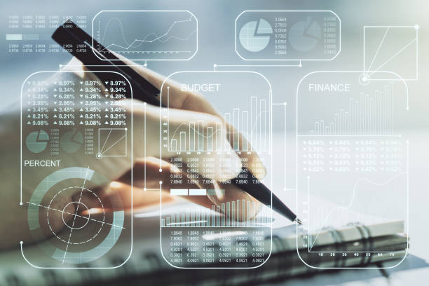 istock Abstract creative stats data concept with woman hand writing in notebook on background. Multiexposure 1511071240