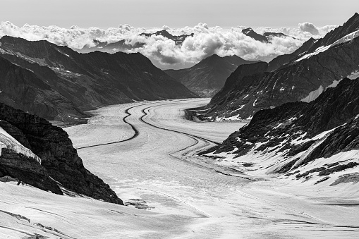 A scenic winter landscape of Glacier Aletsch in the Swiss Alps, as seen from the Jungfrau Joch in Switzerland