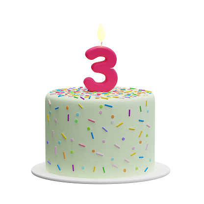 Third birthday cake, anniversary. Isolated illustration on white background, 3d rendering