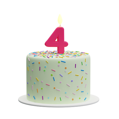 Fourth birthday cake, anniversary. Isolated illustration on white background, 3d rendering