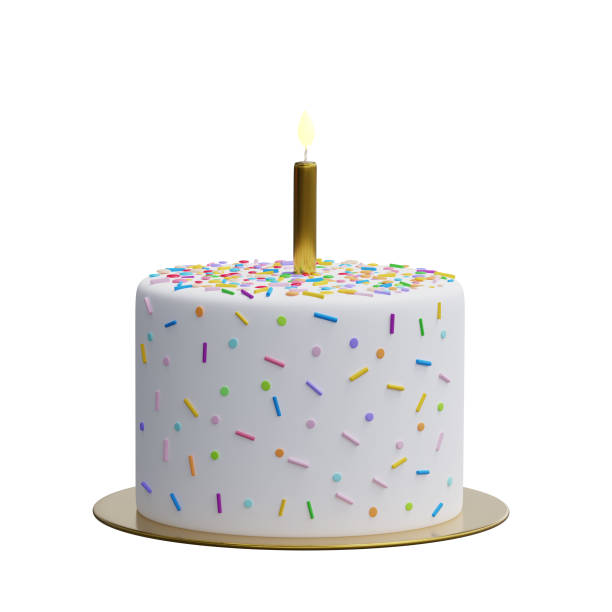 istock Festive white cake with a candle, decorated with colorful sugar sprinkles. 1511079054