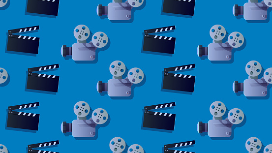 Seamless cinematic pattern of movie clappers and movie projectors or movie cameras.