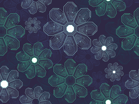 Abstract seamless glowing technology pattern of cybernetic flowers. Circuit boards in the form of flowers.