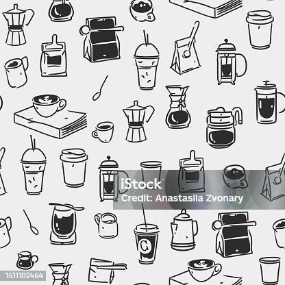 istock Hand drawn doodle coffee tools seamless pattern.Trending vector doodle illustrations for coffee shop and restaurant menu.Hand drawn coffee shop design concept and coffee break icons.Menu line art. 1511102464