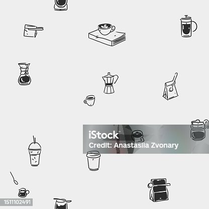 istock Hand drawn doodle coffee tools seamless pattern.Trending vector doodle illustrations for coffee shop and restaurant menu.Hand drawn coffee shop design concept and coffee break icons.Menu line art. 1511102491