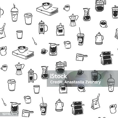 istock Hand drawn doodle coffee tools seamless pattern.Trending vector doodle illustrations for coffee shop and restaurant menu.Hand drawn coffee shop design concept and coffee break icons.Menu line art. 1511103015