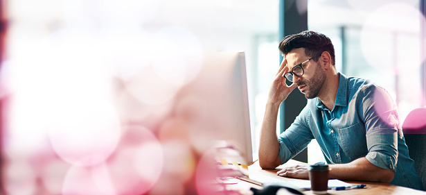 Stress, headache and businessman on computer with banner, bokeh and mockup. Tired worker, burnout and pain on desktop pc with anxiety, fatigue and problem of mistake, mental health and mock up space