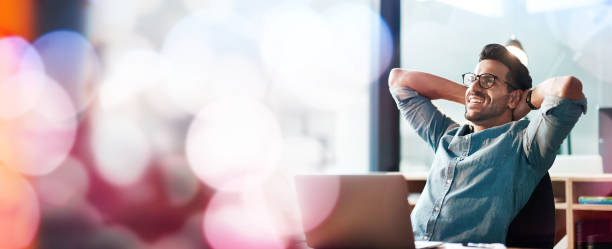 istock Laptop, remote work and man relax in cafe after working on report, writing email and copywriting. Freelance mockup, business and happy male resting with relief finish, complete and done with project 1511103610