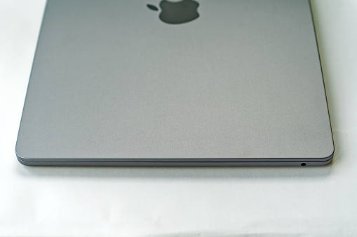 Close-up high angle view of laptop Apple Macbook Air 2023 M2 8-Core, 15.3”, 16G RAM, 512GB SSD, 10-Core GPU, 70W. Photo taken July 3rd, 2023, Zurich, Switzerland.