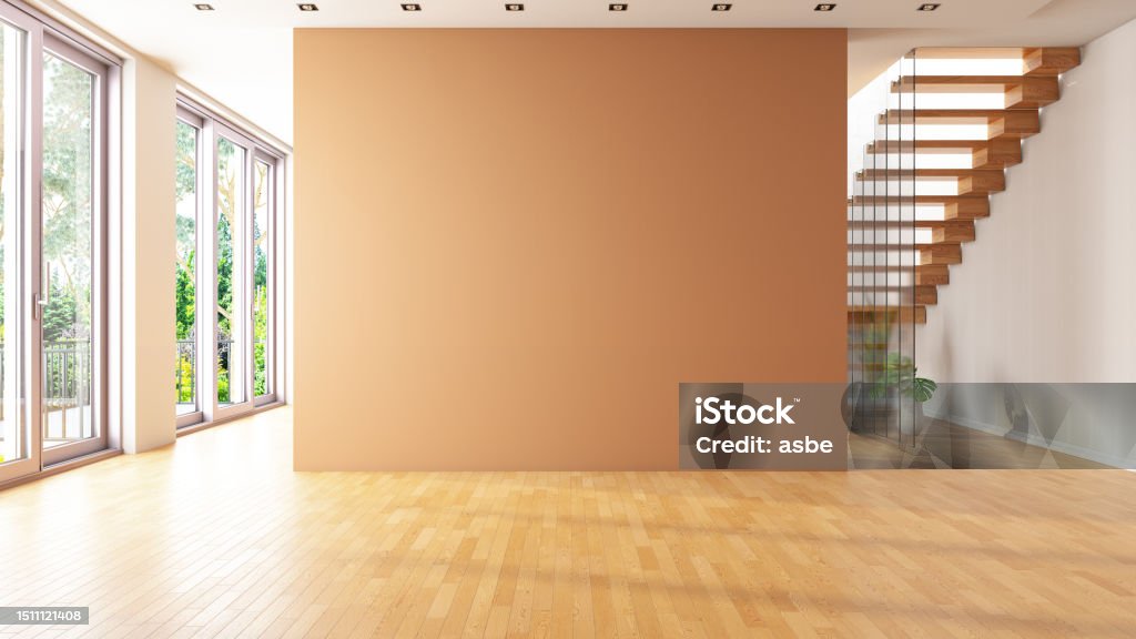 Unfurnished Living Room with Empty Beige Wall and Stairs Unfurnished Living Room with Empty Beige Wall and Stairs. 3D Render Living Room Stock Photo